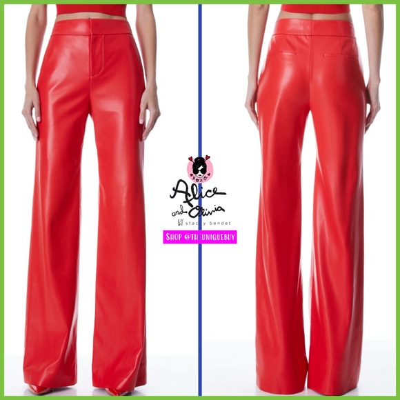 Alice + Olivia Deanna Red Vegan Leather High Waisted Bootcut Pant - Picture 15 of 16